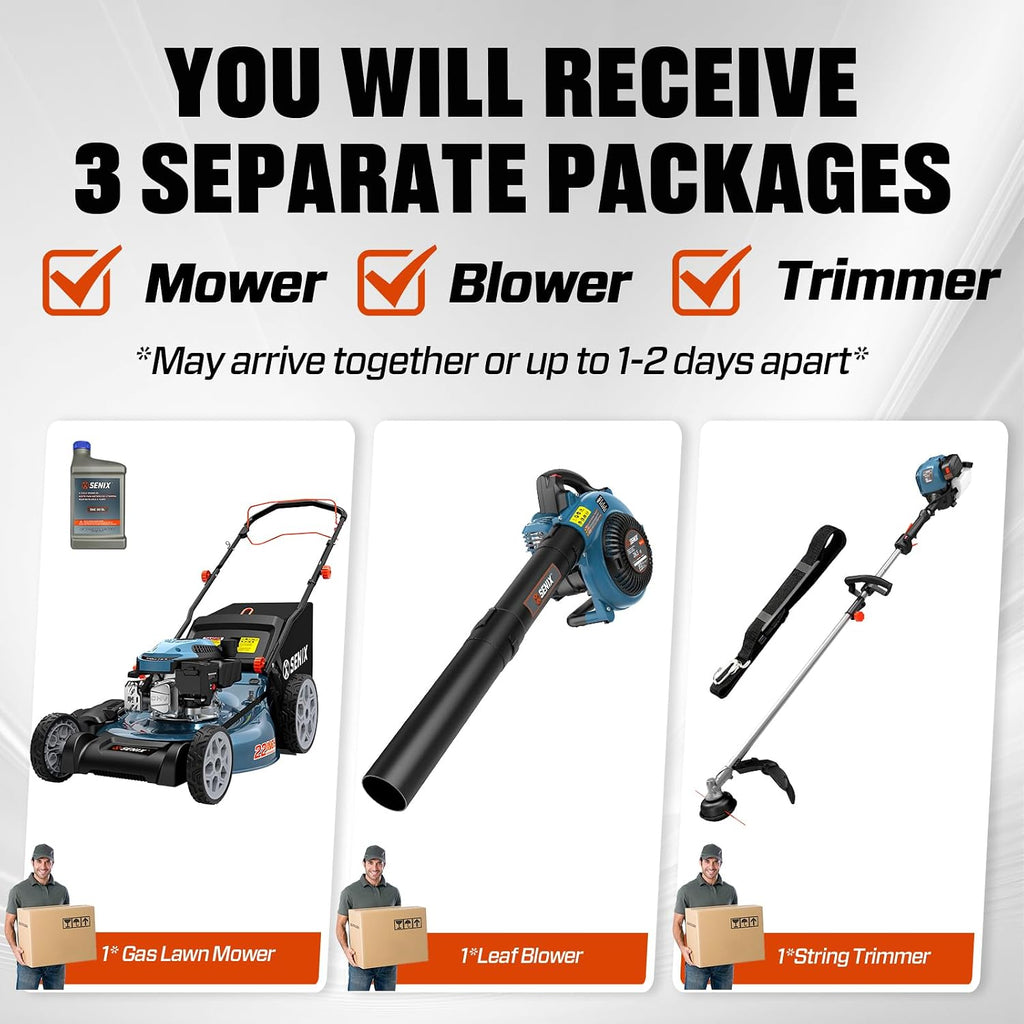 SENIX 22' Self-Propelled Gas Lawn Mower (170cc) +17-Inch 26.5 cc Gas Weed Wacker + 26.5cc Gas Leaf Blower Yard Tool Kit