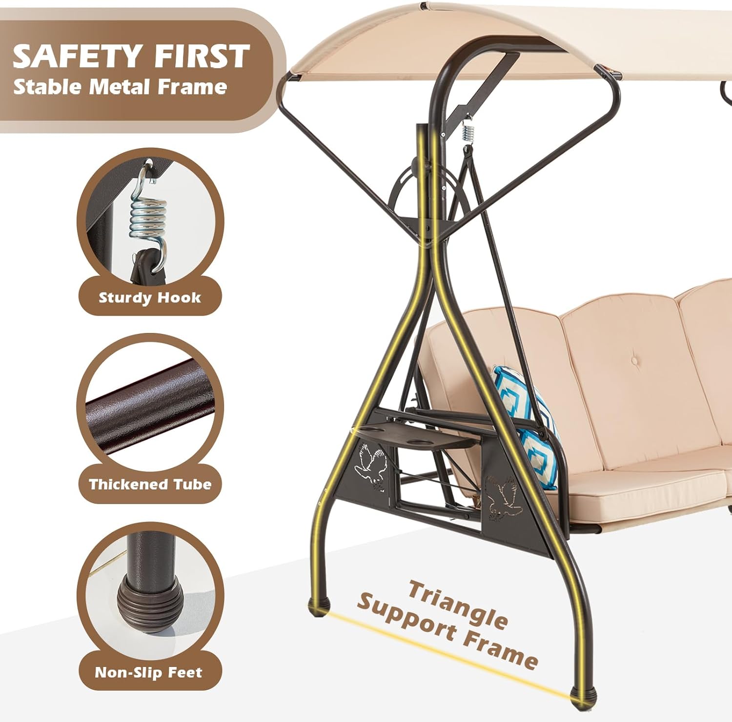 ZZW 800LBS Patio Swing with Canopy 3 Seat Outdoor Porch Swing with Stand w/Cup Holder & Pillow Glider Chair Swing Bed for Patio Backyard Poolside (Khaki)
