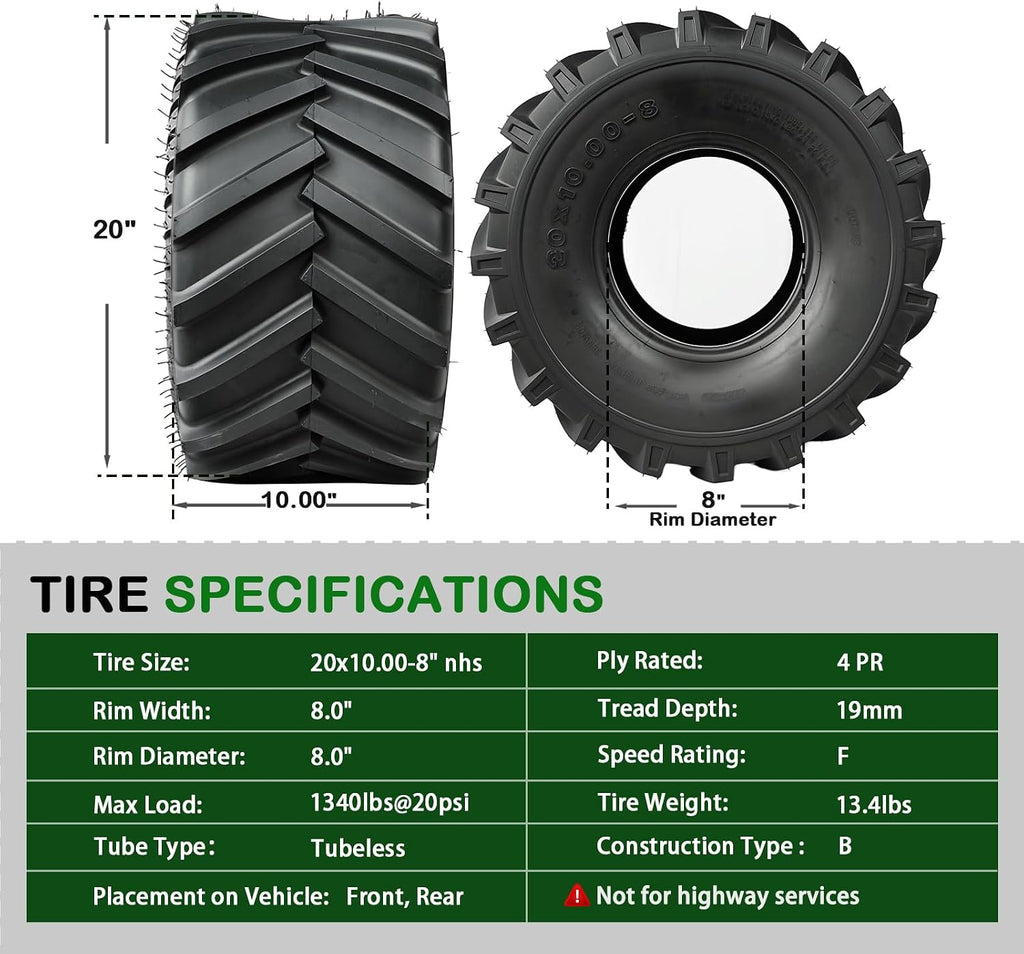 TRIPOWER 20x10.00-8 Lawn Mower Tire - 20x10x8 AG Tires for Lawn Garden Tractor and Riding Mower - Workout Tires for Flipping, Durable 4PR Tubeless, 1340lbs Capacity, Set of 2