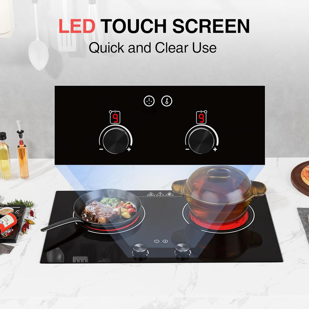 4000W Electric Cooktop: 24' Electric Stove 2 Burner Hot Plate Double Burner, Knob Control Countertop & Built-in, 9 Power Levels, Child Lock, Timer, Suitable for All Pans