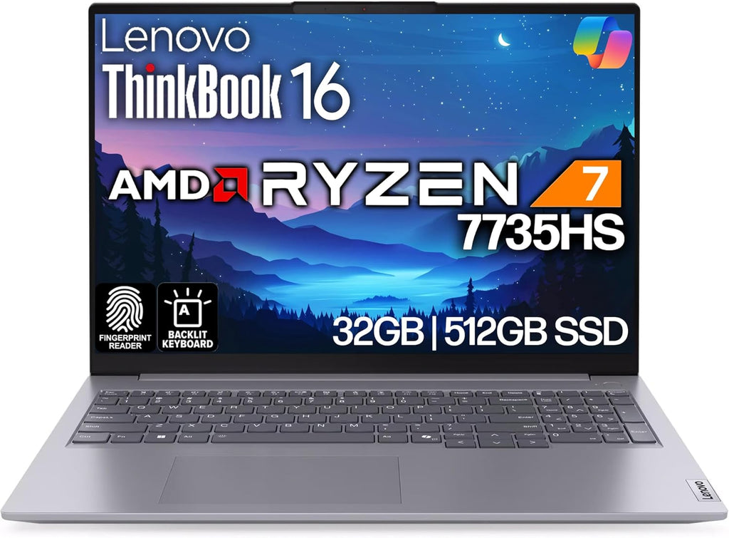 Lenovo ThinkBook 16 G7 Business Laptop, 16' FHD+, AMD Ryzen 7 7735HS, 32GB DDR5, 512GB NVMe, WiFi 6E + BT, Backlit KB, Fingerprint Reader, HD Webcam, Win 11 Pro