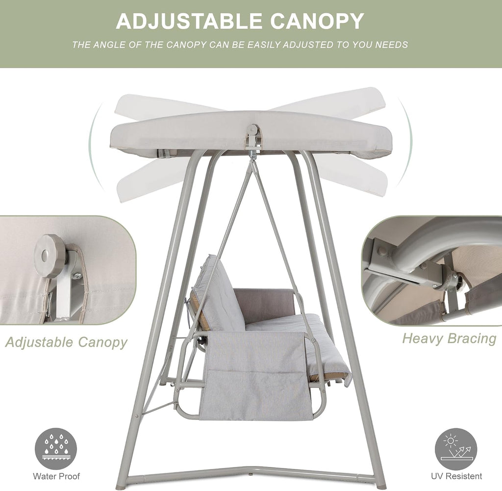 3-4 Person Oversized Outdoor Porch Swing with Adjustable Backrest Canopy,2-in-1 Swing Bed 800 lbs Capacity,Patio Swing with Removable Cushions for Yard Garden Poolside Balcony