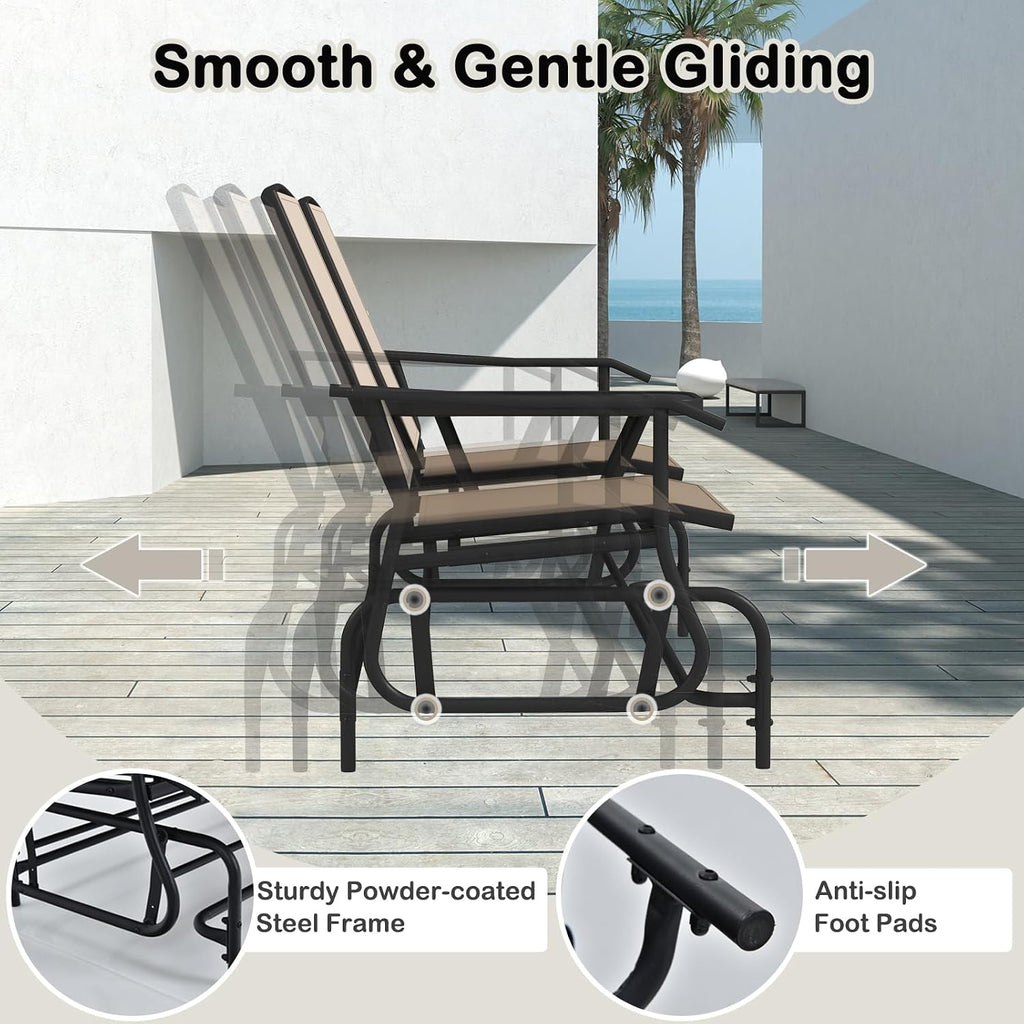 Tangkula 2 Person Swing Glider Chair, Patio Rocking Loveseat w/Center Tempered Glass Table, Outdoor Swing Bench w/Steel Frame & Breathable Mesh Fabric for Porch, Balcony, Poolside (Beige)