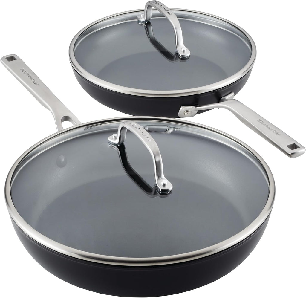 KitchenAid Hard Anodized Induction Nonstick Frying Pan Set With Tempered Lids, 4-Piece - 10 & 12 Inch – Durable, Even Heating, Oven Safe to 500°F, Dishwasher Safe, Easy-Clean