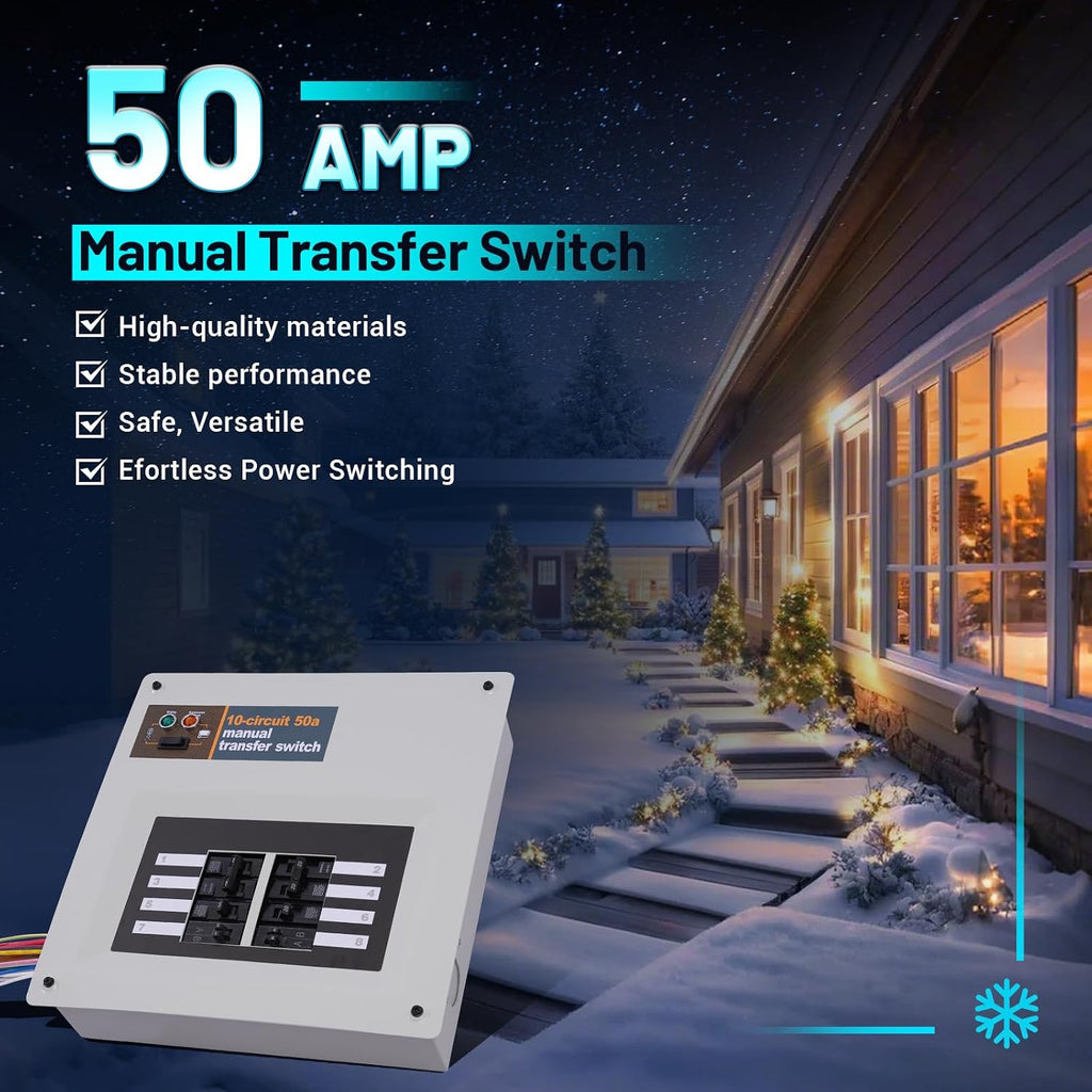 50 Amp Manual Transfer Switch Replacement for Generac 9854, 10-Circuit Selector, 240V Generator Hookup, Indoor Pre-Wired Manual Transfer Switch