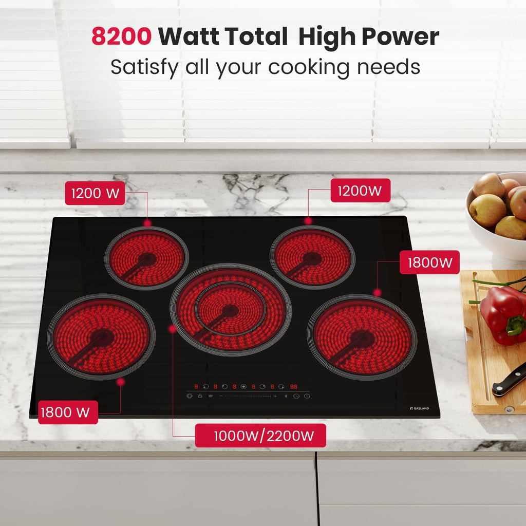 GASLAND 30 Inch Electric Cooktop 5 Burners, 8200W Built-in Radiant Glass Stove Top, 220V Electric Ceramic Cooktop with 9 Power Levels, Slide Touch Control, Child Safety Lock &Timer, Hard Wire