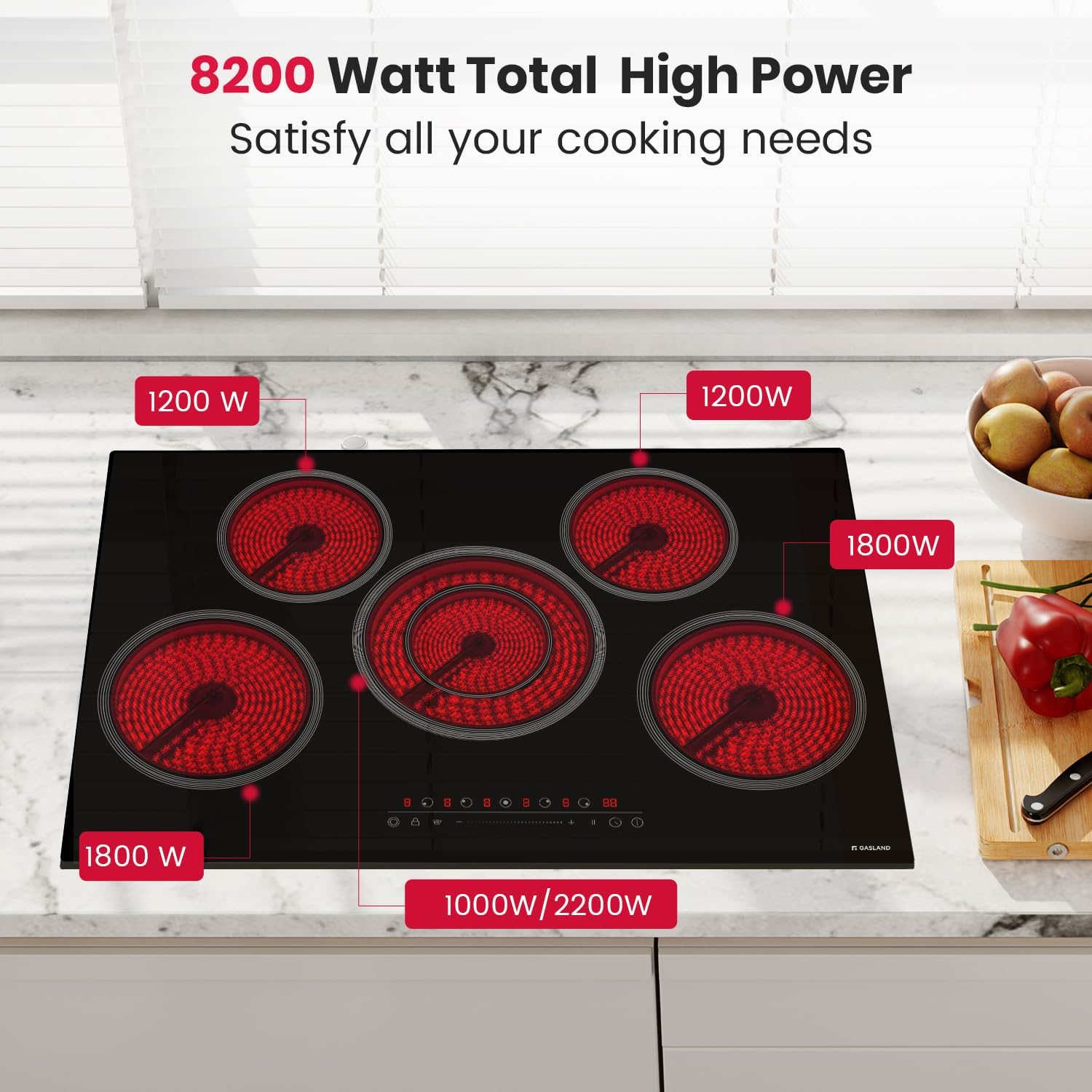 GASLAND 30 Inch Electric Cooktop 5 Burners, 8200W Built-in Radiant Glass Stove Top, 220V Electric Ceramic Cooktop with 9 Power Levels, Slide Touch Control, Child Safety Lock &Timer, Hard Wire