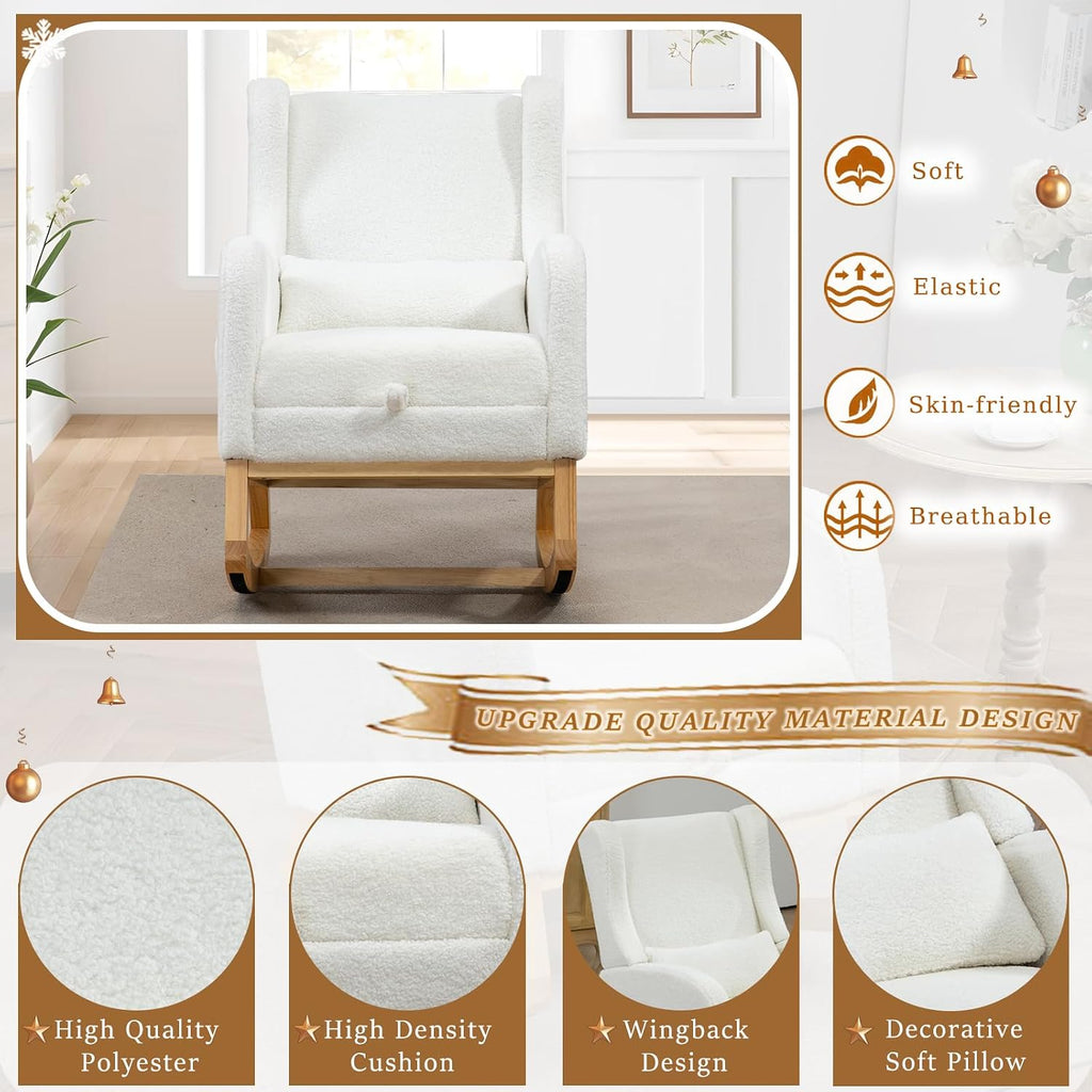 Modern Rocking Chair Nursery Glider, Comfy Rocker Nursery Chair with Foot Rest, Accent Reading Armchair with Pillow and Pocket, Upholstered Lounge Rocker with Solid Wood Base for Relaxing (Ivory)