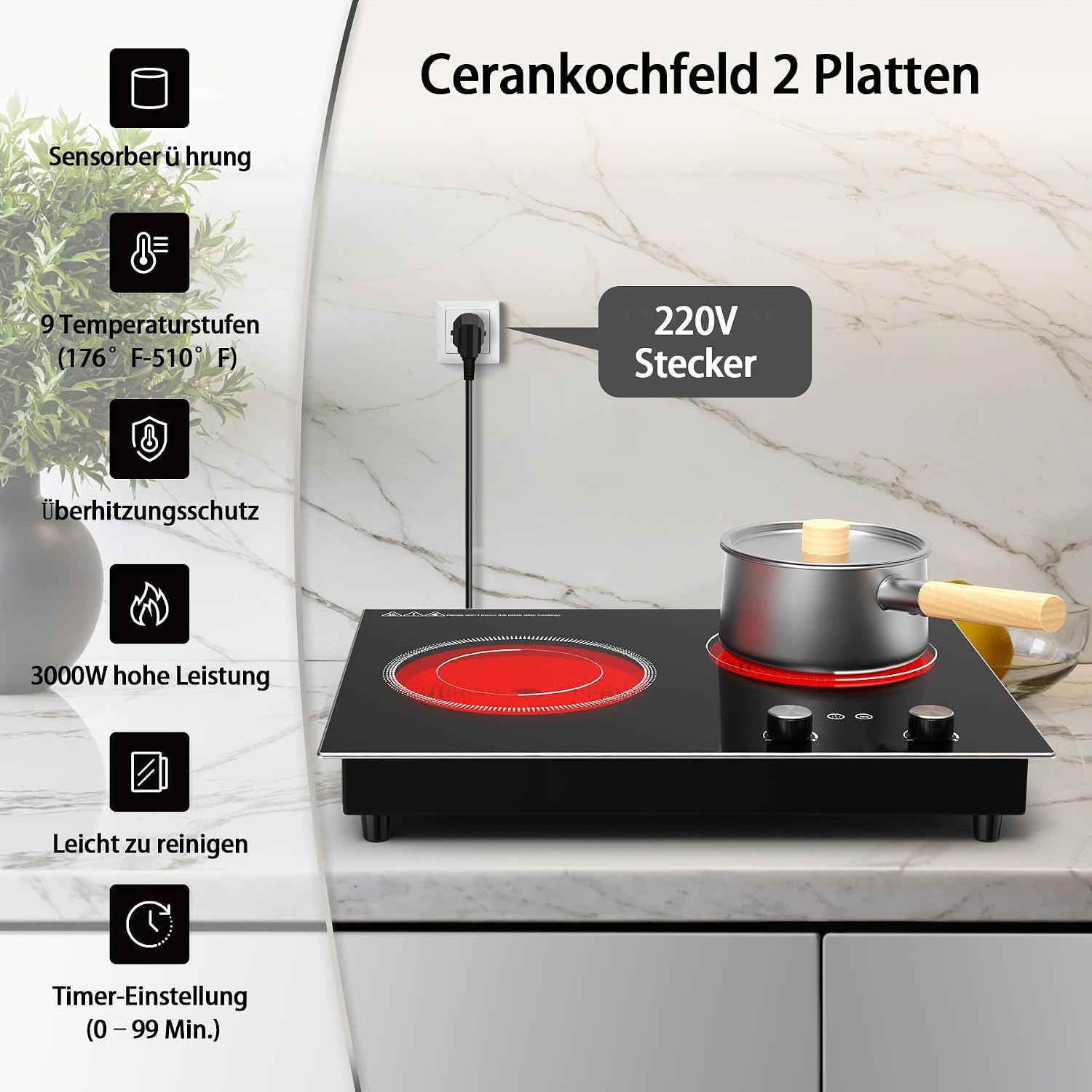 VBGK Electric Cooktop,2400W Electric Stove Top,Countertop and Built-in Hot Plate with Child Safety Lock, Timer, LED touch Knob Control,Overheat Protection,110V 2 Burner Induction Cooktop