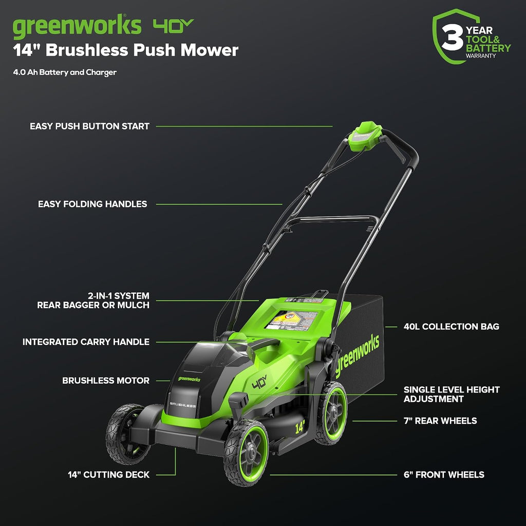 Greenworks 40V 14' Brushless (Push) Cordless Lawn Mower, 4.0Ah Battery and Charger