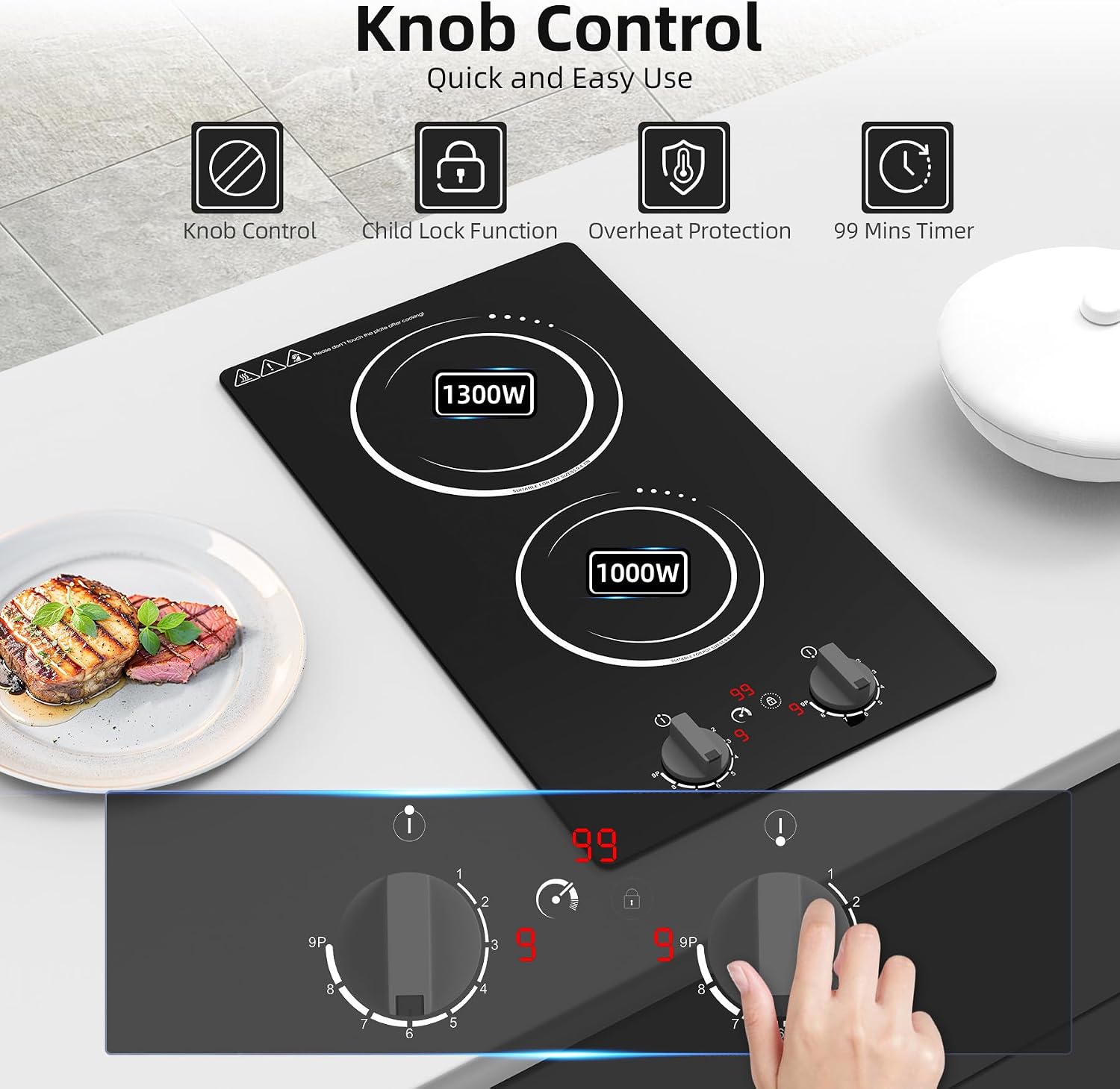 VBGK Double Induction Cooktop,110V 2300W 2 burner induction cooktop,2 burner Hot Plate Electric burner with LCD Touch Screen 9 Levels Settings Child Safety Lock & Timer