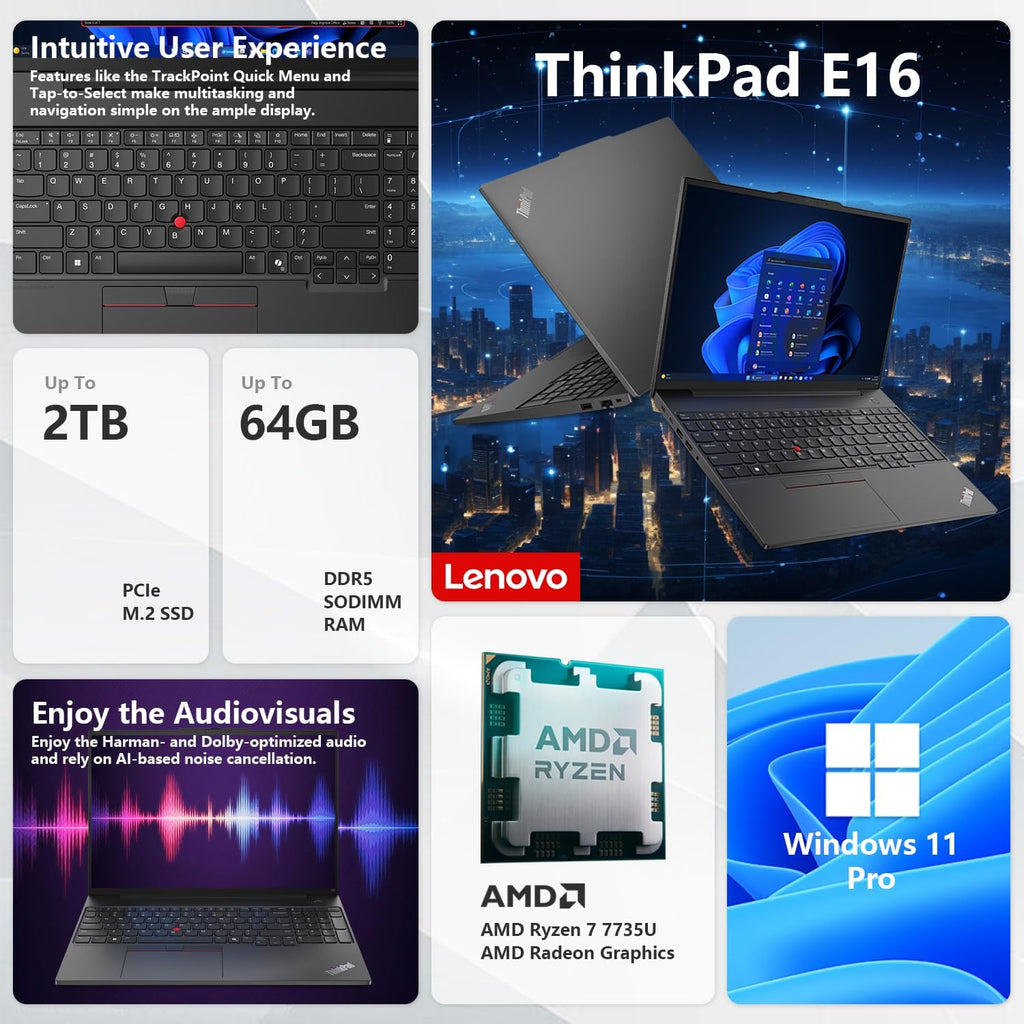 Lenovo ThinkPad E16 Gen 2 Business Laptop, 16' FHD+, AMD Ryzen 7 7735U, 64GB DDR5 RAM, 2TB SSD, Fingerprint, Backlit Keyboard, HDMI, Wi-Fi 6, Windows 11 Pro, Black, w/Bundle