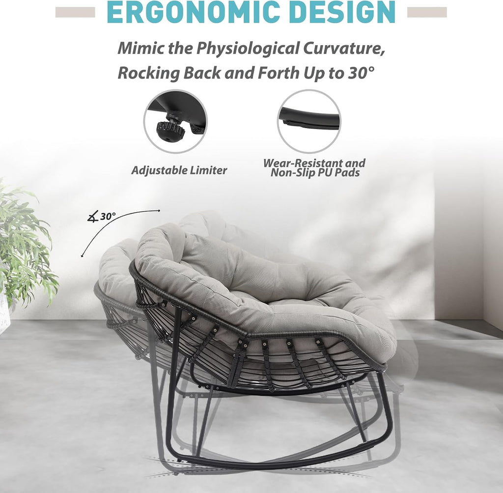 Indoor & Outdoor Rocking Chair, Oversized Rattan Royal Rocking Chair with Padded Cushion, Rocker Egg Chair for Living Room, Patio, Front Porch, Backyard, Grey