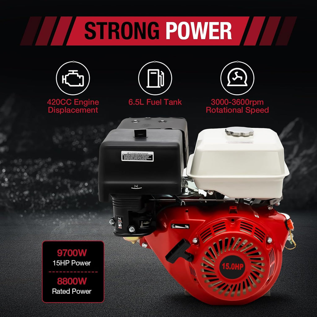 15HP Gas Engine Motor, 420CC 4 Stroke OHV Pull Start 3600RPM Industrial Grade Gasoline Powered Multi-Use Engine Air Cooled for Water Pump Go-Karts Lawnmowers