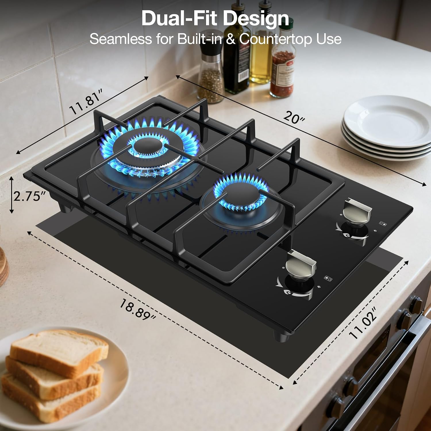 ANHANE 12-Inch Gas Cooktop, 2 Burner Drop-In Propane Stove Top, 14,600 BTU NG/LPG Dual Fuel Stainless Steel RV Cooktop with Auto-Shutoff Protection for Tiny Homes, Apartments & Campers