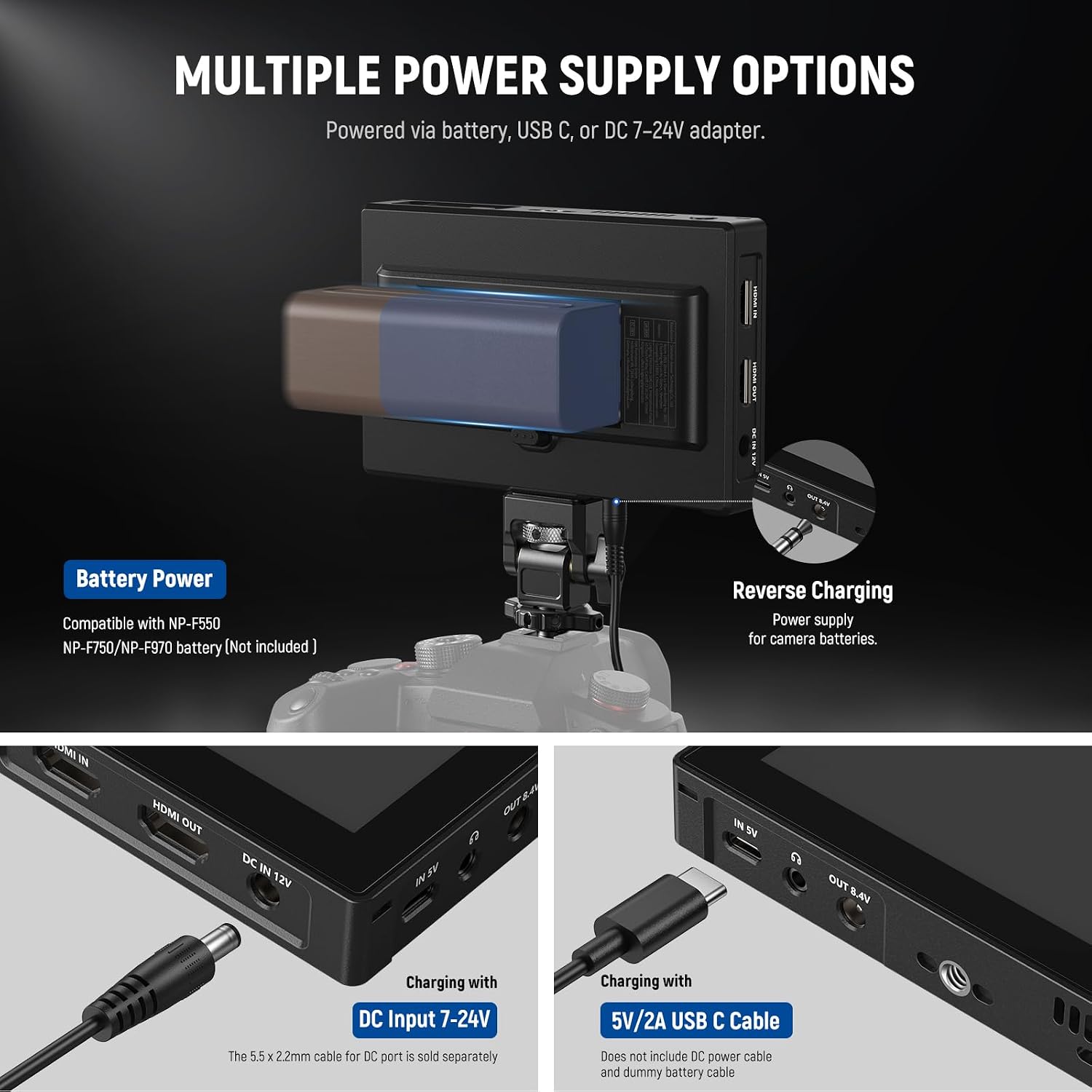 NEEWER 5.5' Camera Field Monitor, 2000nit HD 1920x1080 IPS Touch Screen, 4K HDMI Loop in/Out with 3D LUT Peak Focus DSLR Video Assist HDR Waveform, 5200mAh F750 Battery, DC7-24V/Type C 5V In, F500 PRO