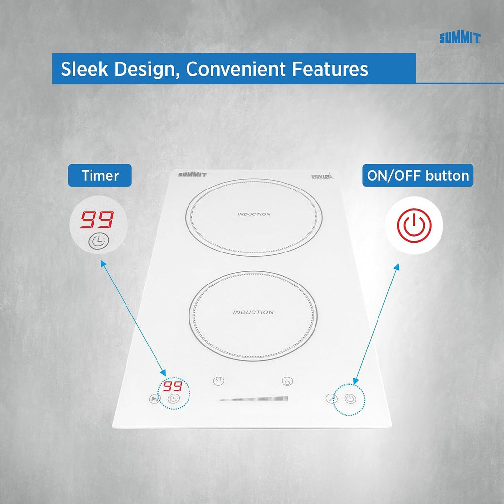 Summit 12' 2 zone Electric Cooktop. 208-240V Induction Cooktop, ADA Compliant, White- SINC2B231W