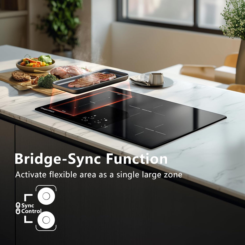 30 Inch Induction Cooktop - 4 Burner Built-In Electric Stove with Bridge-SYNC, Booster, Timer & Child Lock | 9000W 220-240V Hardwired, Black Glass Top