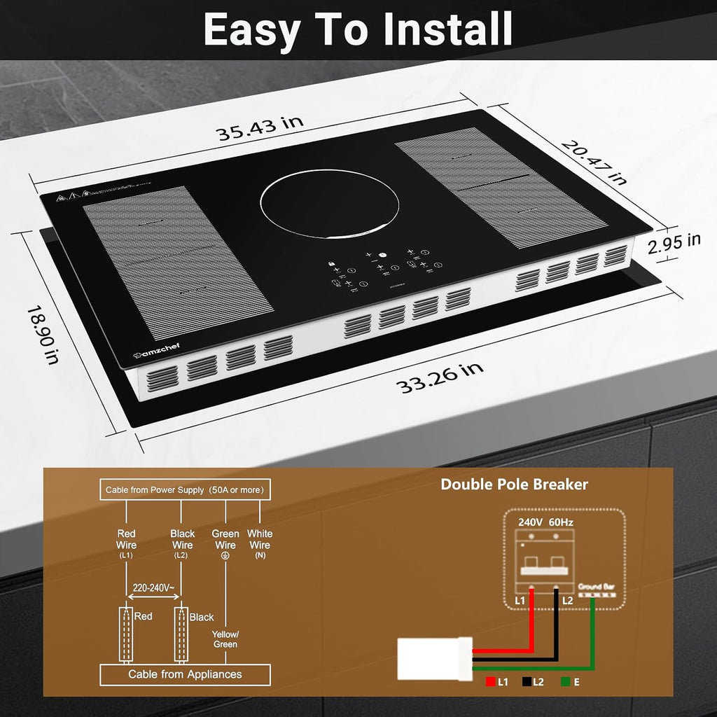 36 Inch Induction Cooktop, AMZCHEF Built-in Electric Stove Top with 5 Boost Burners Bridge Function, 240V/10800W, ETL Certified, 9 Power Level, Keep Warm, Timer, Safety Lock