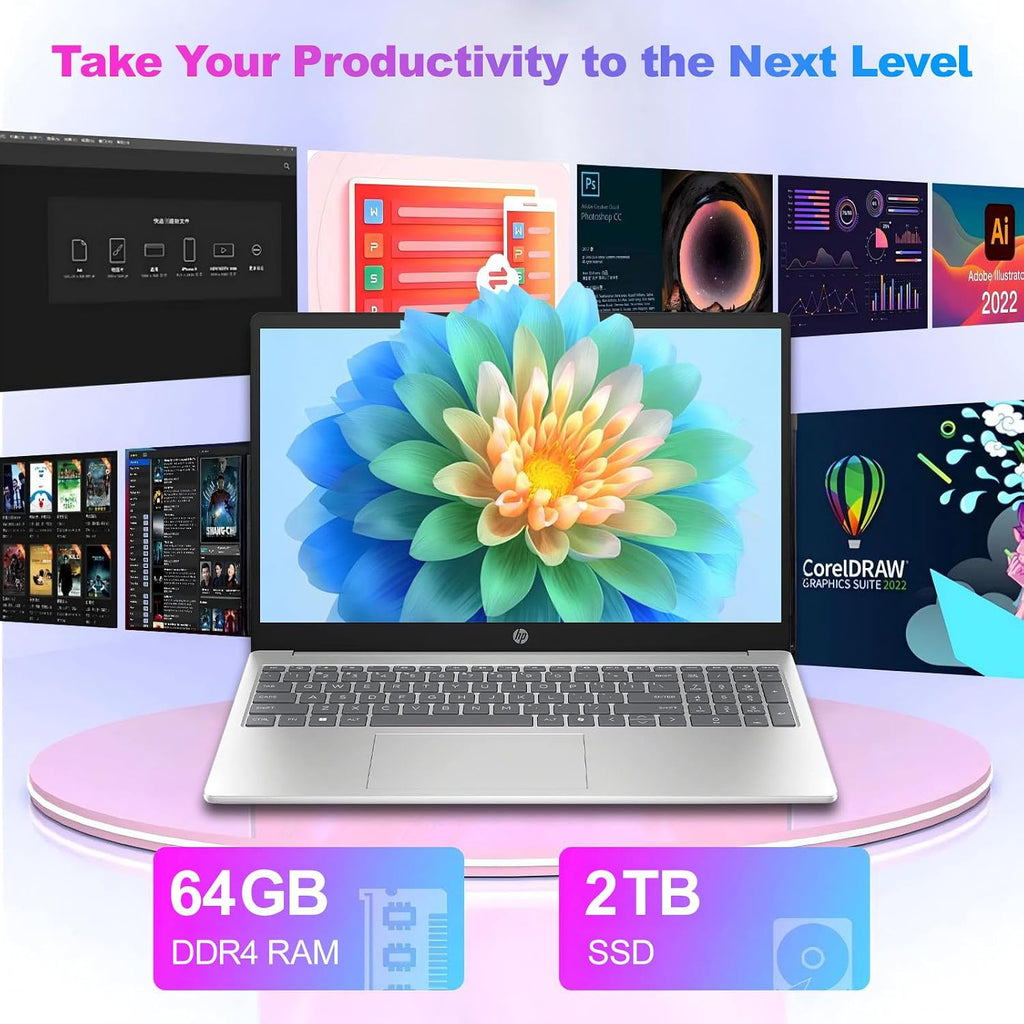 HP 15.6' FHD Touchscreen Business Laptop, Intel 10-Core i7-1355U(up to 5 GHz), 64 GB RAM, 2 TB SSD, Intel Iris Xe GPU, Wi-Fi 6, Camera, HDMI, Copilot, Long Battery Life, Windows 11 Pro, w/Accessories