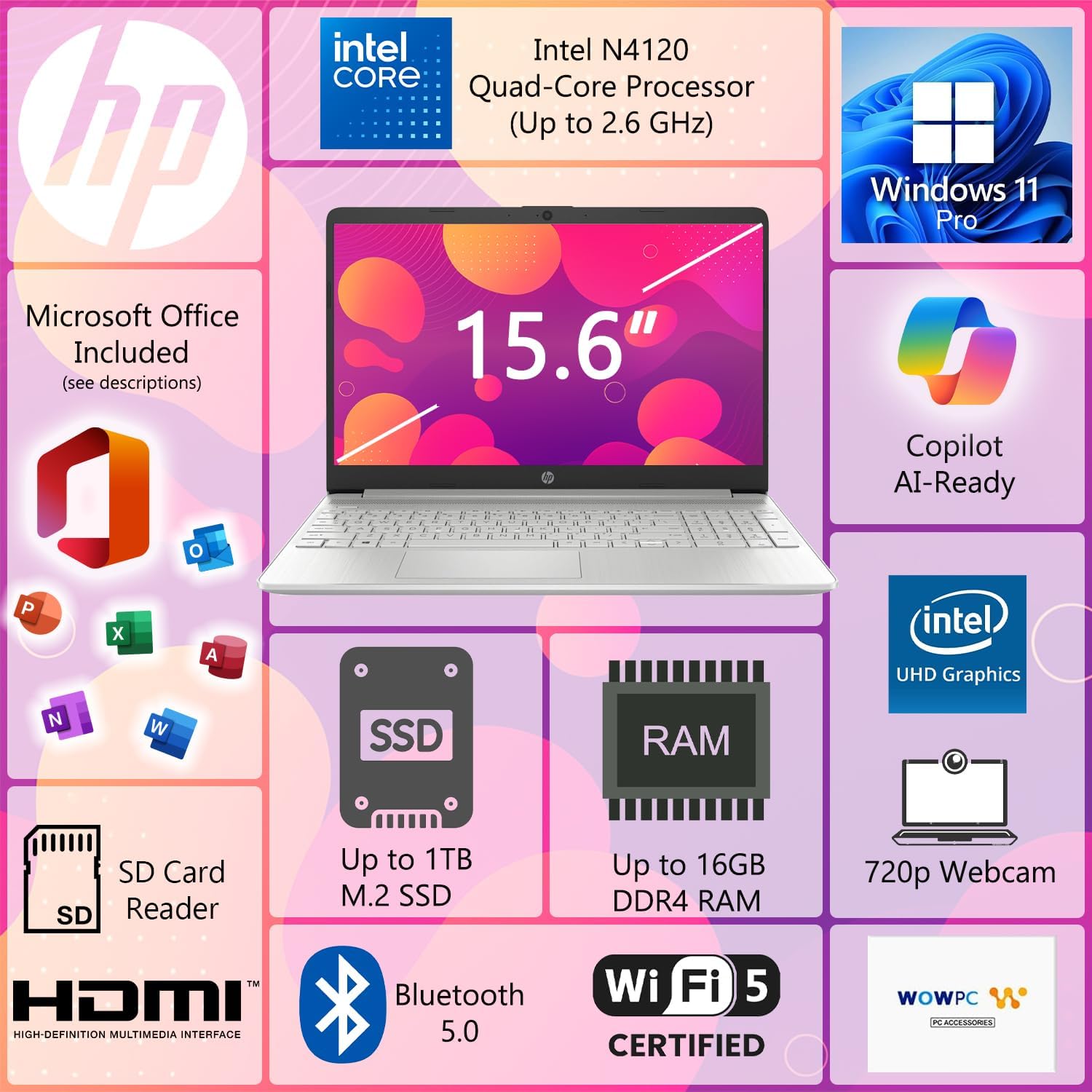 HP 15 Laptop for School, Work & Home • 15.6' FHD 1080p IPS Display • Powerful Intel Processor • 16GB RAM • 512GB SSD • Microsoft Office • Copilot AI • Windows 11 Pro • SD Card Reader • HDMI