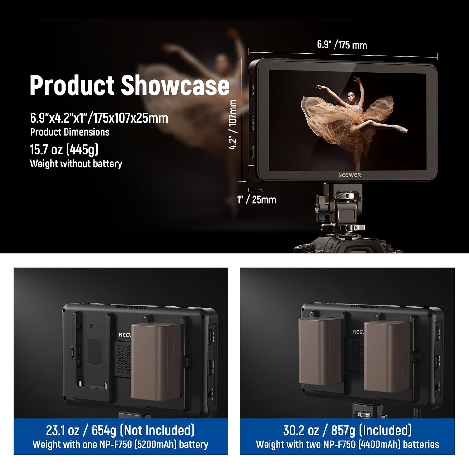 NEEWER F700 7' Camera Field Monitor, 2000nit HD 1920x1080 IPS Touch Screen with 3D LUT, 4K HDMI Loop in/Out with Peak Focus DSLR Video Assist HDR Waveform, Cold Shoe Mount, 2 NP-F750 Batteries & Cable