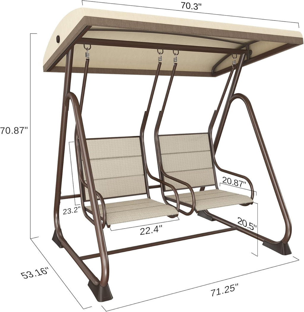 East Oak 2-Person Outdoor Patio Swing Chair with Adjustable Canopy, Porch Swing with Comfortable and Breathable Seats, Independent Swing Chairs for Garden, Balcony, Backyard, Chestnut Brown