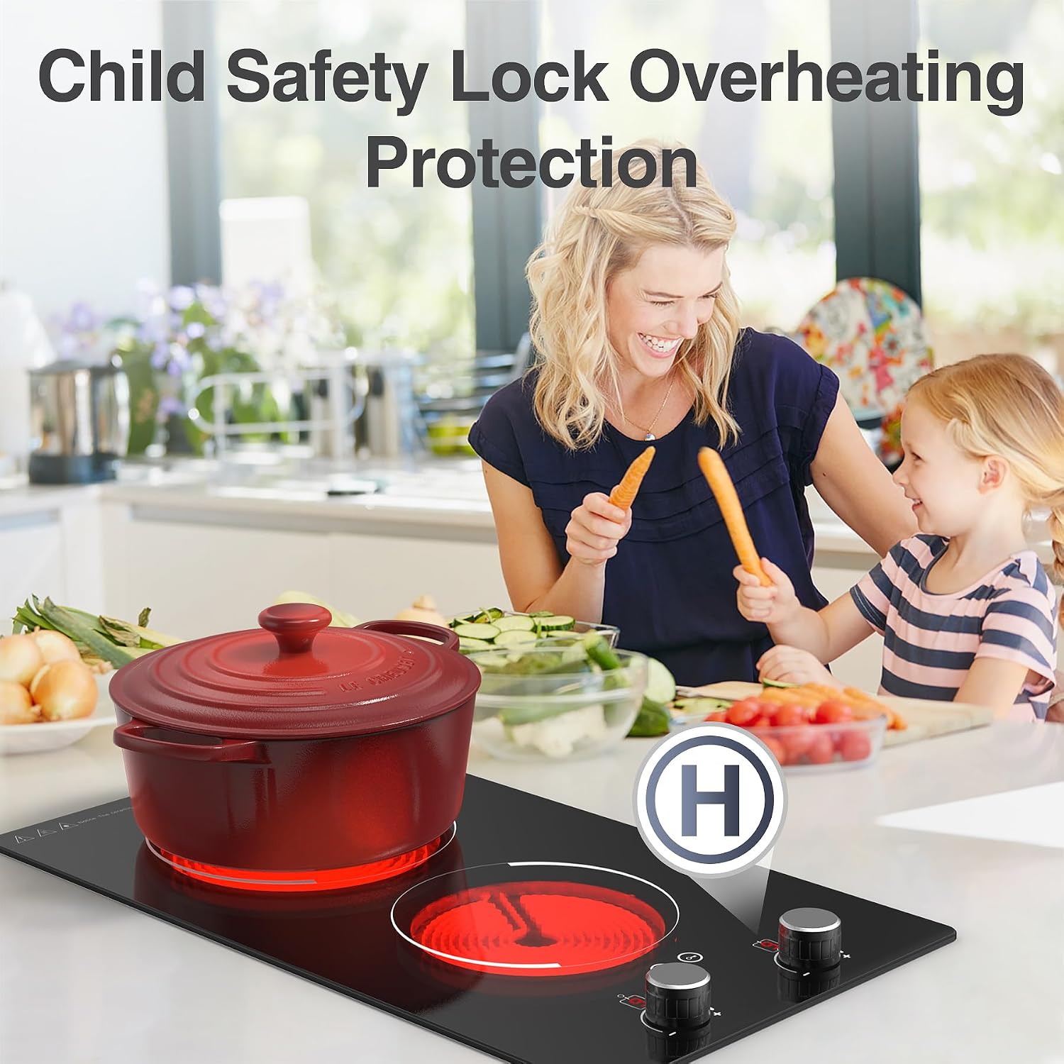 GIHETKUT Electric Cooktop,110V 2100W Electric Stove Top with Knob Control, 10 Power Levels, Kids Lock & Timer, Hot Surface Indicator, Overheat Protection,Built-in Radiant Double induction cooktop
