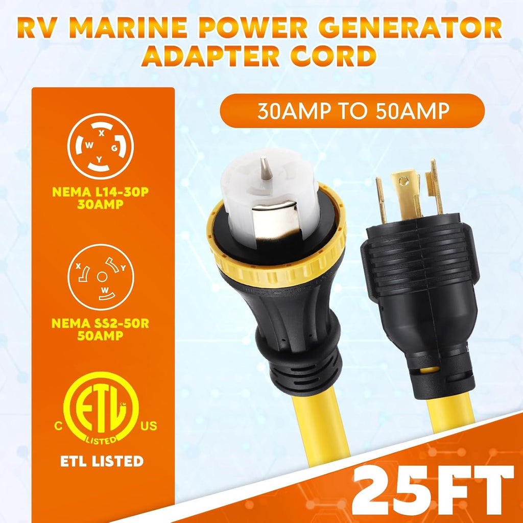 Tellegloww 25FT NEMA L14-30P to SS2-50R RV Marine Power Generator Adapter Cord, 30A 4 Prong Locking Generator L14-30P Male to 50A Marine Shore Power SS2-50R Female with Locking Ring 125V/250V