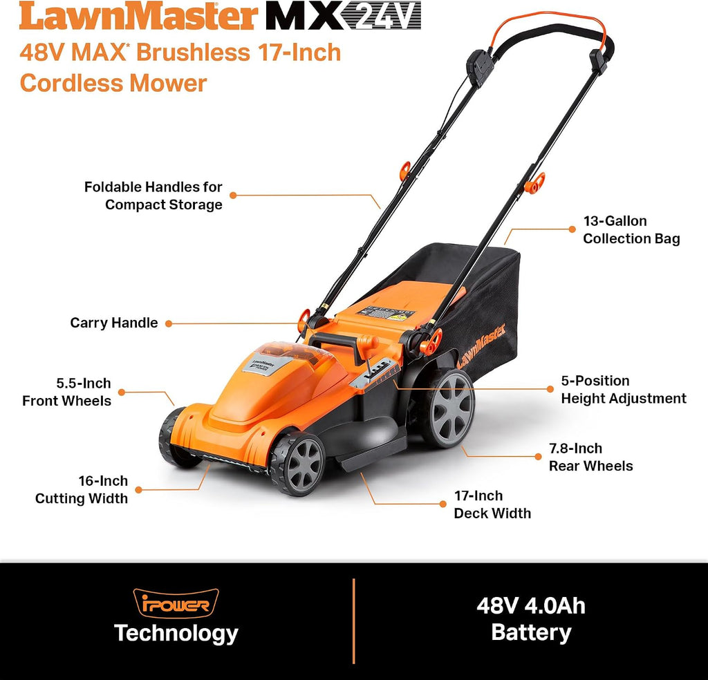 LawnMaster CLMF4817E 48V MAX Brushless Mower with 2X24V MAX 4.0Ah Battery and a Dual Charger