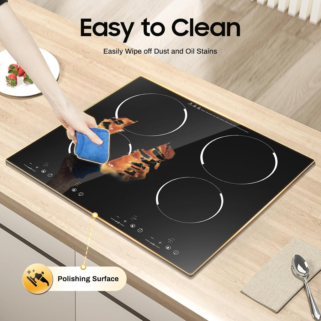 3000W 110V Electric Cooktop 4 Burners, 24 Inch Portable Built-In Countertop Ceramic Stove Top Built-in Cooktop Sensor Touch Control with Safety Lock & Timer 9 Power Levels (NO PLUG)