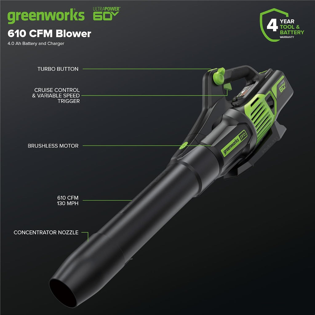 Greenworks 60V 17' Brushless (Push) Mower + 60V (610 CFM) Brushless Blower, 4.0Ah Battery and 3A Charger