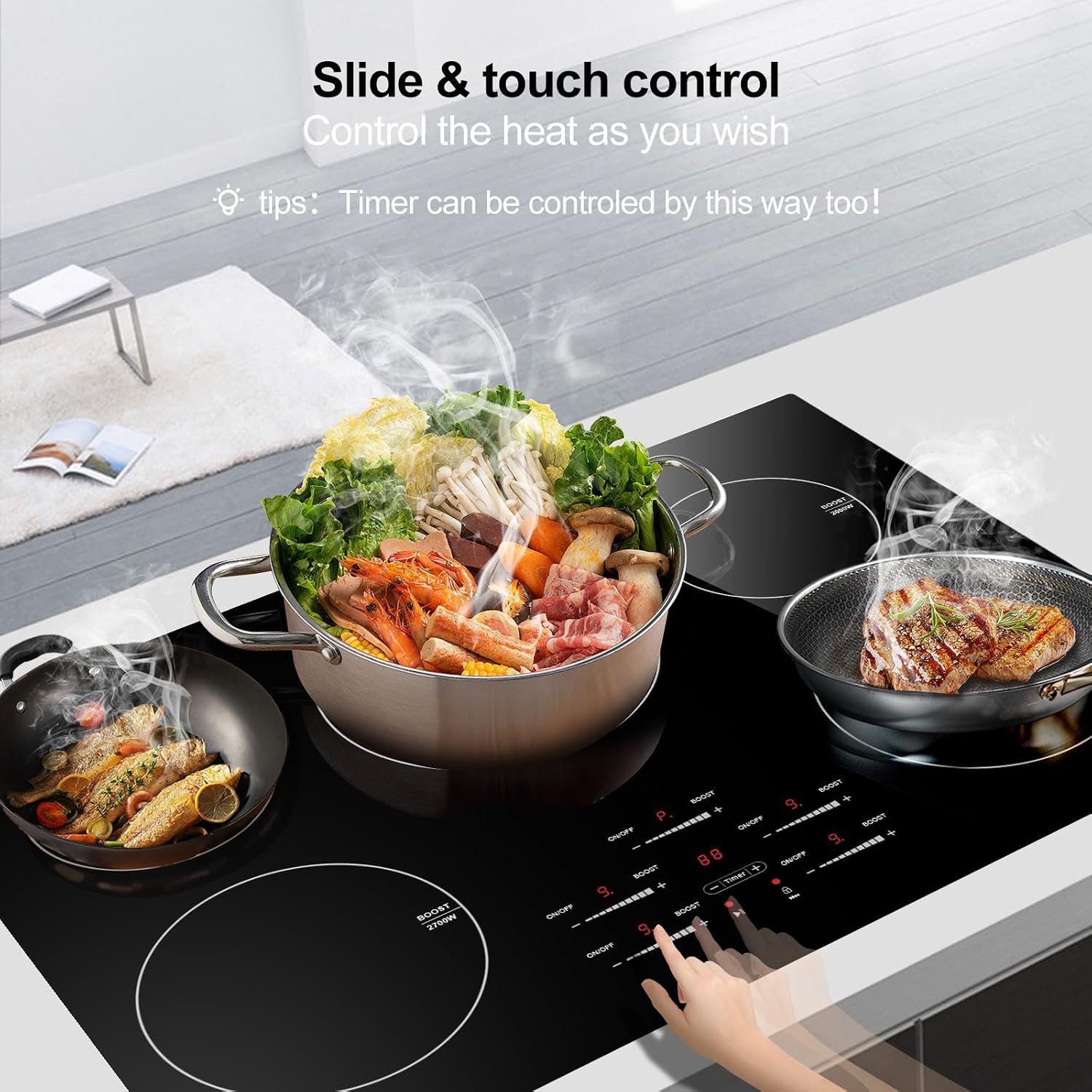 30 Inch 10600W Induction Cooktop,AMZCHEF 9 Levels Electric Cooktop with 5 BOOST Burners, Bulid-in Induction Stove Control by Slide Touchscreen, Safety Lock, Independent Timer, No Plug, 240V