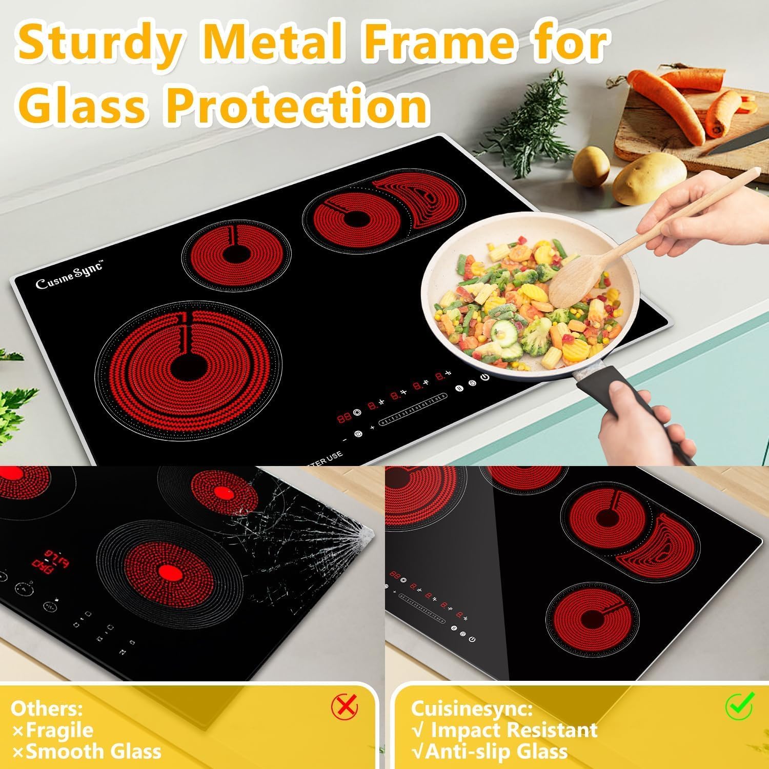 30″ Built-In Electric Ceramic Cooktop, 7400W 4 Burners, Dual Ring Heating, Easy Touch Control, Works with All Cookware
