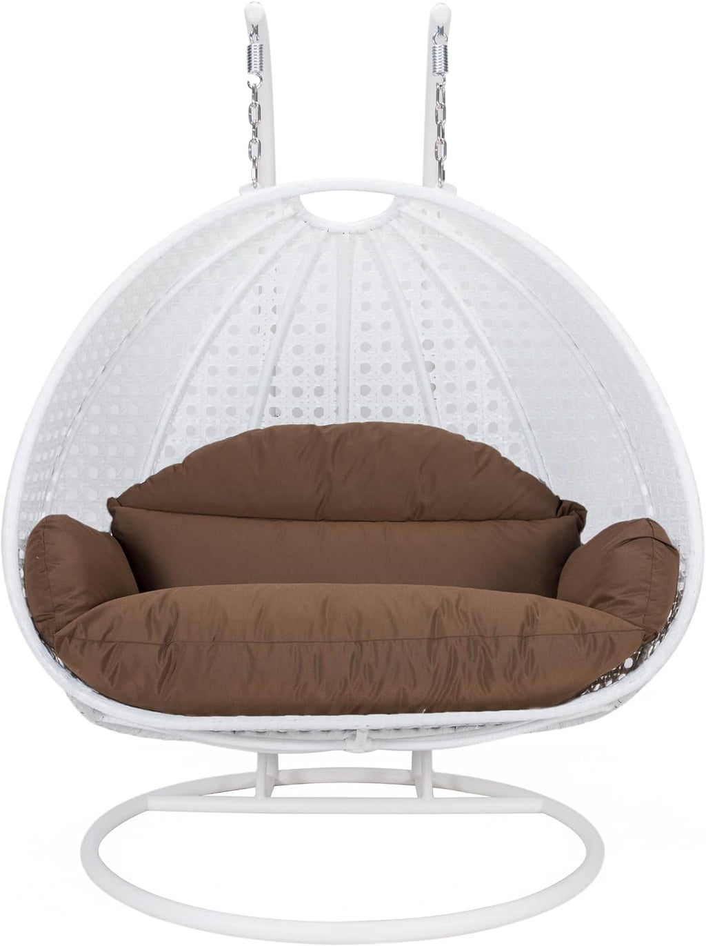 LeisureMod 2 Person Hanging Egg Chair, Indoor Outdoor Patio Lounge Swing with White Stand & UV-Resistant Cushions, Hammock Chair for Bedroom & Garden, Brown