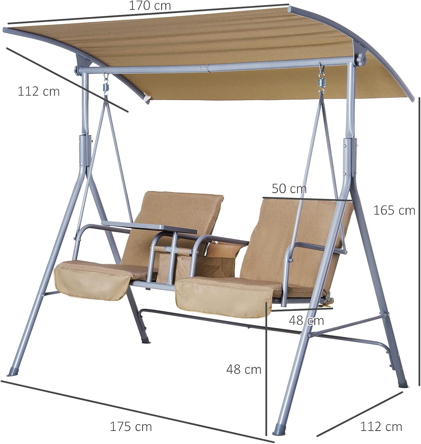 Outsunny 2 Person Porch Swing with Stand, Outdoor Swing with Canopy, Pivot Storage Table, 2 Cup Holders, Cushions for Patio, Backyard, Beige