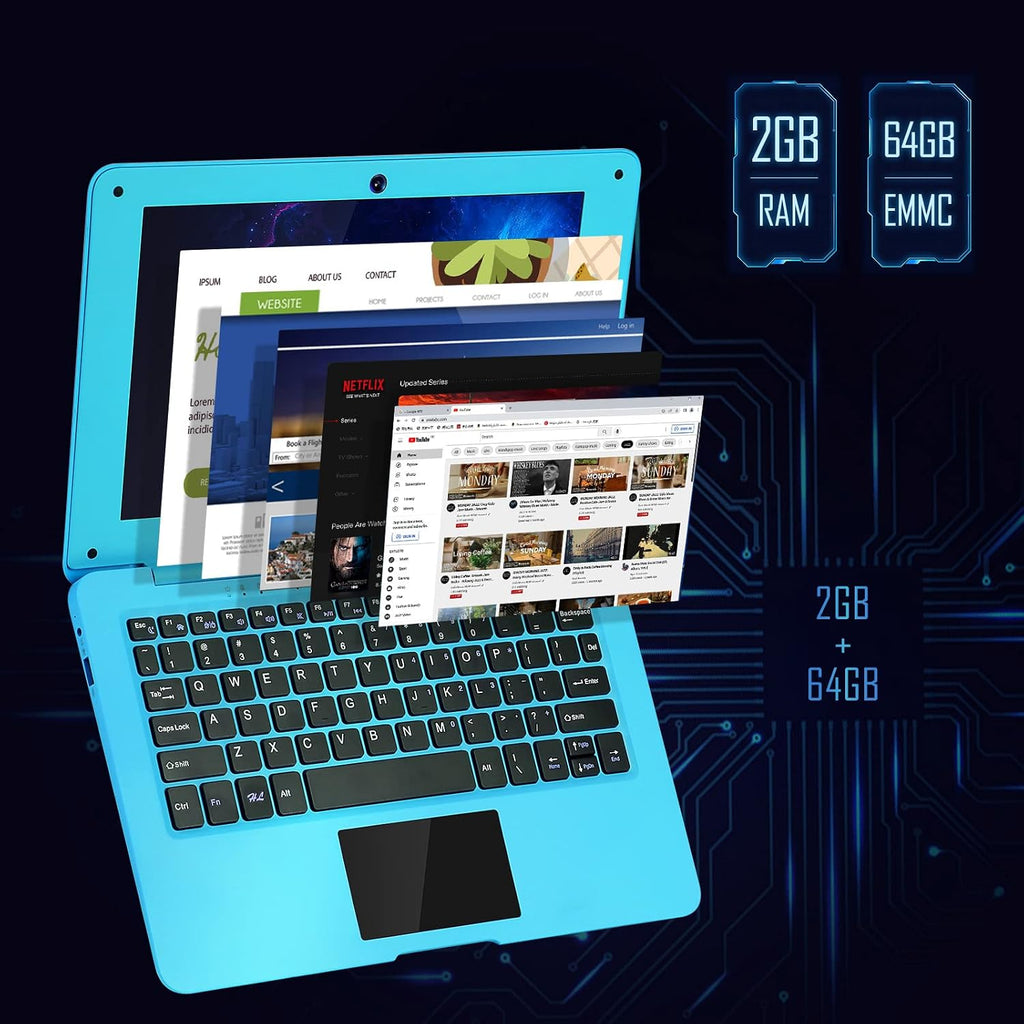 G-Anica Laptop Computer(10.1 inch), Quad Core Powered by Android 12.0, Netbook Computer with WiFi, Webcam and Bluetooth, Mini Laptop with Bag, Mouse, and Mouse Pad for Kids and Adults（Blue）