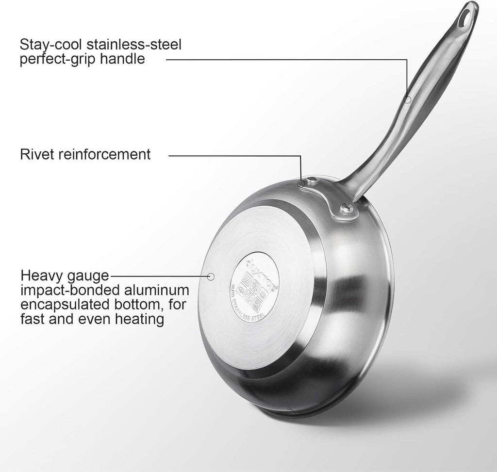 duxtop Tri-ply Stainless Steel Frying Pan with Stay-Cool Handle, Professional 8 inch Fry Pan with Induction Magnetic Bottom, Healthy Small Skillet, Dishwasher and Oven Safe | (Pack of 4)