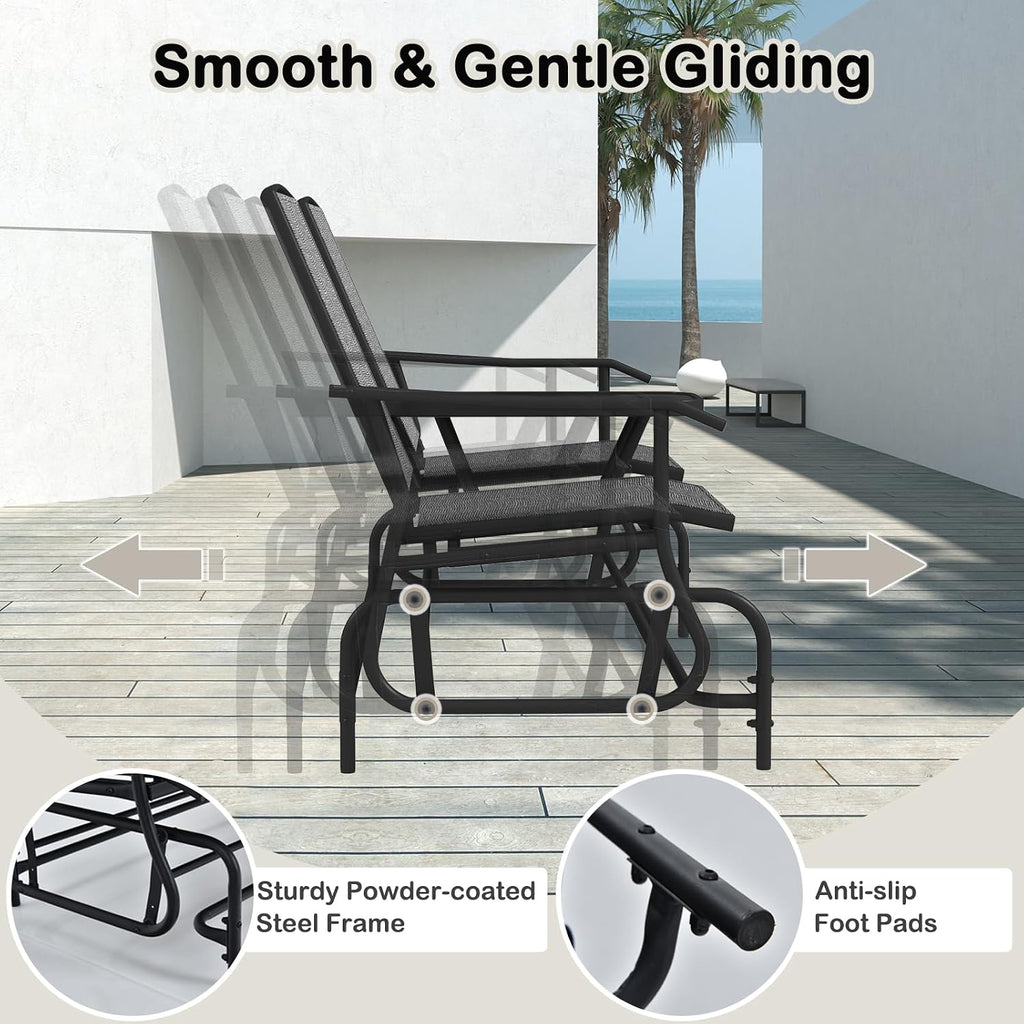 Tangkula 2 Person Swing Glider Chair, Patio Rocking Loveseat w/Center Tempered Glass Table, Outdoor Swing Bench w/Steel Frame & Breathable Mesh Fabric for Porch, Balcony, Poolside (Grey)