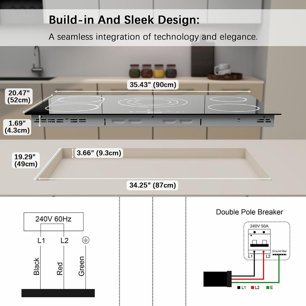 Electric Cooktop 36 Inch Ceramic Stove - 5 Burners Built-in 220-240V Black Cooktop, Touch Control, Child Lock, 9 Power Levels, Timer (9200W)