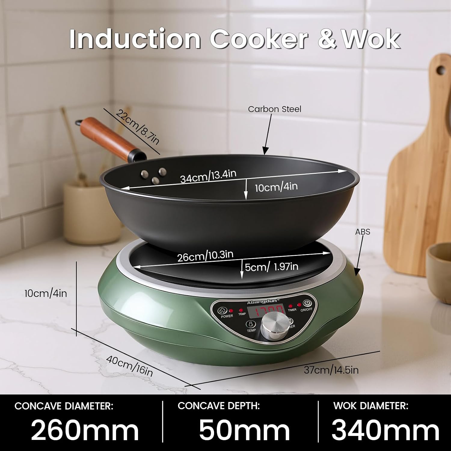 1700W Concave Induction Wok Cooktop,9.25-Inch Coi,Non-Pulse Continuous Heating, Professional Countertop Wok Burner Stove for Stir Fry Cooking