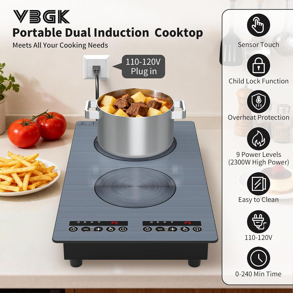 VBGK induction cooktop,110V 2300W double burner hot plate with LED touch control, 9 Power Levels, Kids Lock & Timer, Overheat Protection,2 burner induction cooktop