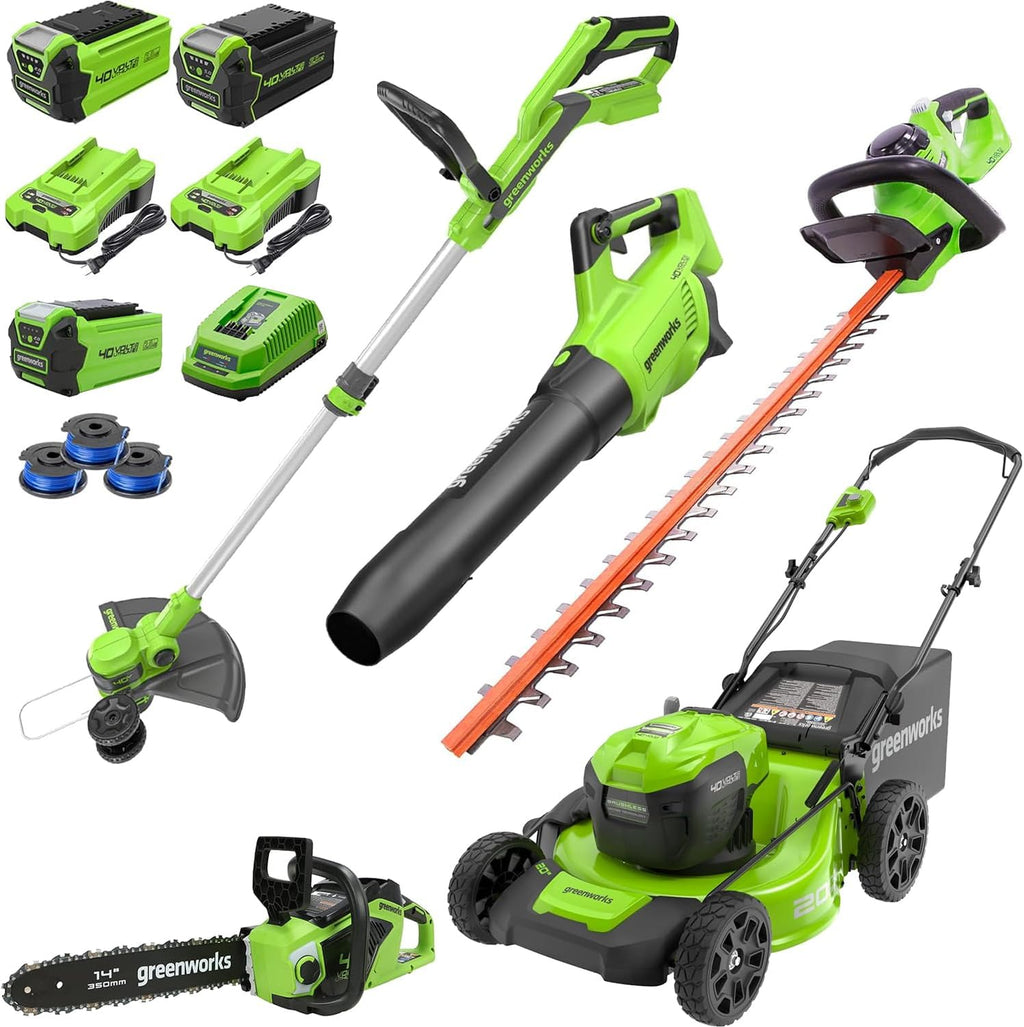 Greenworks 40V 20' Mower,Axial Leaf Blower,12' String Trimmer,Chainsaw,Hedge trimmer with Batteries and Chargers