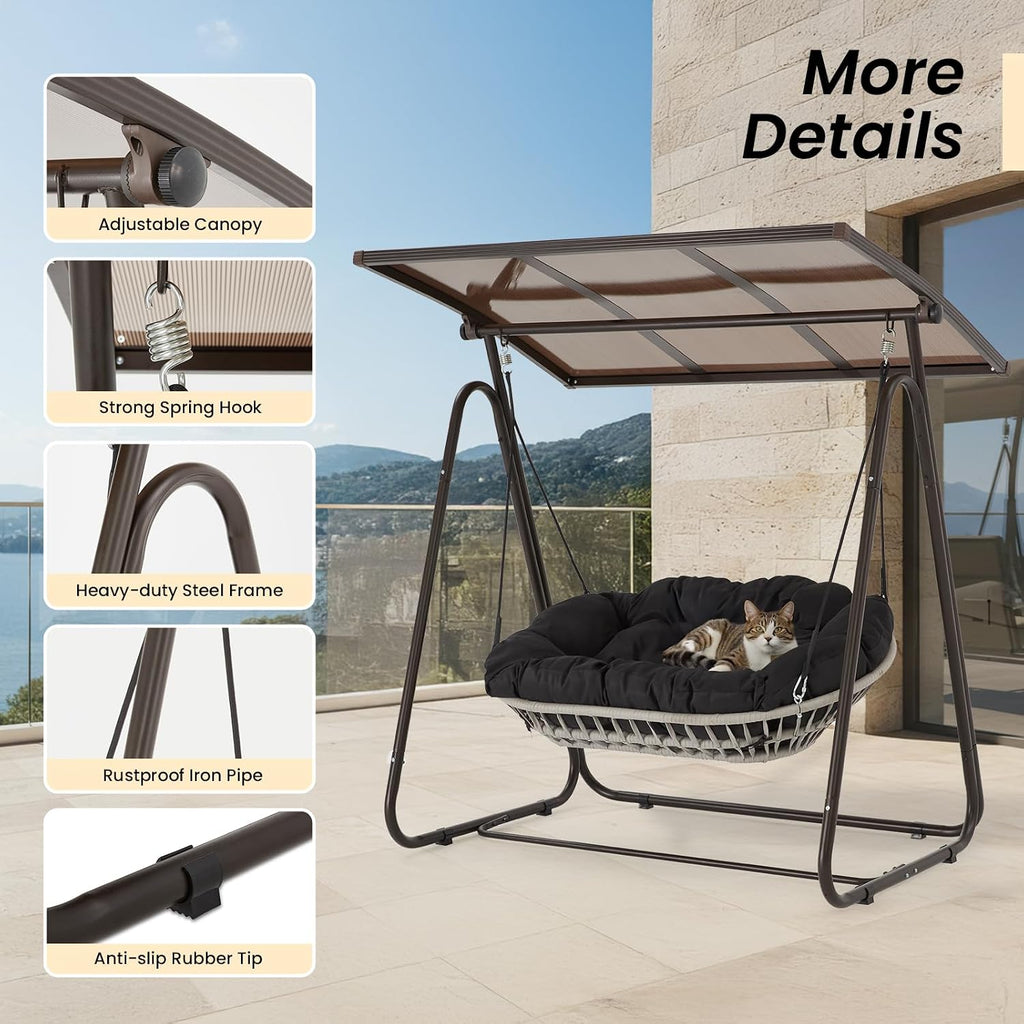 2-Seat Outdoor Patio Porch Swing with Polycarbonate (PC) Canopy, All-Weather Outdoor Swing Chair with 4.7' Thick Cushion and Hand-Woven Rope, Heavy Duty Steel Frame for Patio, Garden, Black
