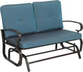 Outdoor Bench Patio Swing Glider Loveseat 2 Seats Rocking Chair, Wrought Iron Gliders for Outside Patio with Cushion (Blue)