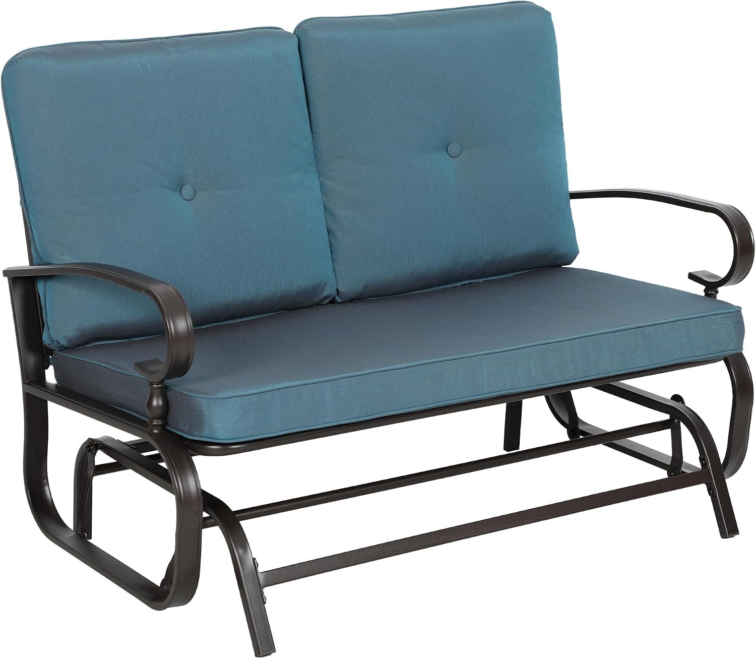 Outdoor Bench Patio Swing Glider Loveseat 2 Seats Rocking Chair, Wrought Iron Gliders for Outside Patio with Cushion (Blue)