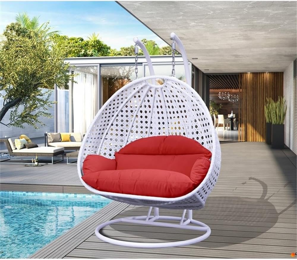 LeisureMod 2 Person Hanging Egg Chair, Indoor Outdoor Patio Lounge Swing with White Stand & UV-Resistant Cushions, Hammock Chair for Bedroom & Garden, Red