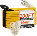 PlugSaf 100 FT 10 Gauge Outdoor Extension Cord with Multiple Outlets Light Indicator, Flexible 3 Outlet Weatherproof Heavy Duty Extension Cord Waterproof Yellow, 15A 1875W 10AWG SJTW, ETL Listed