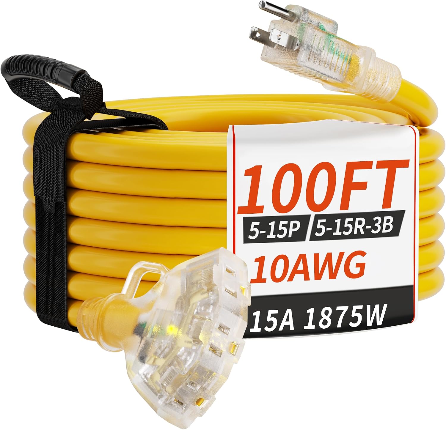 PlugSaf 100 FT 10 Gauge Outdoor Extension Cord with Multiple Outlets Light Indicator, Flexible 3 Outlet Weatherproof Heavy Duty Extension Cord Waterproof Yellow, 15A 1875W 10AWG SJTW, ETL Listed