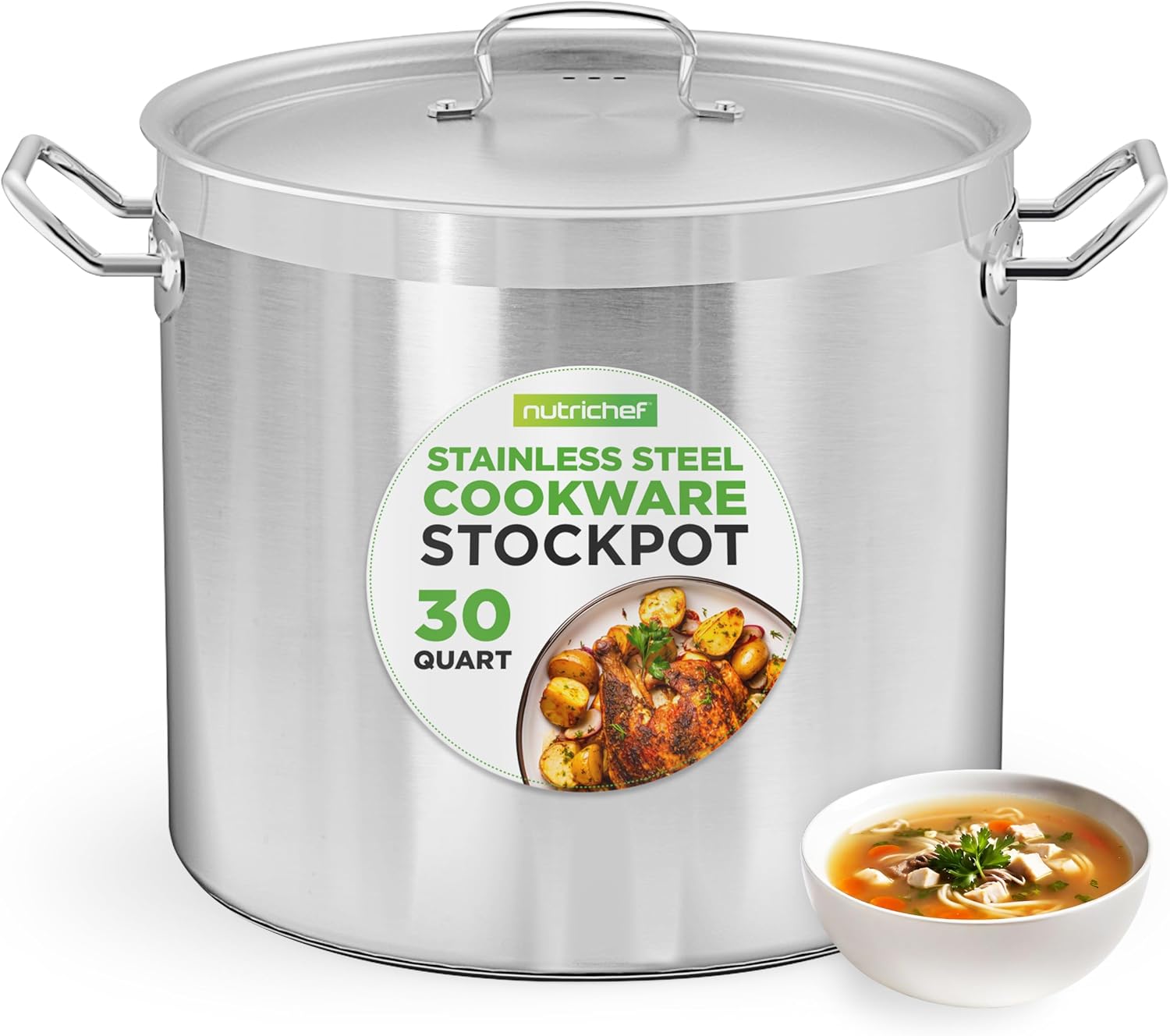 Nutrichef Stainless Steel Cookware Stockpot, 30 Quart Heavy Duty Induction Soup Pot With Stainless Steel Lid And Strong Riveted Handles, Even Heat Distribution, Compatible With Most Cooktops